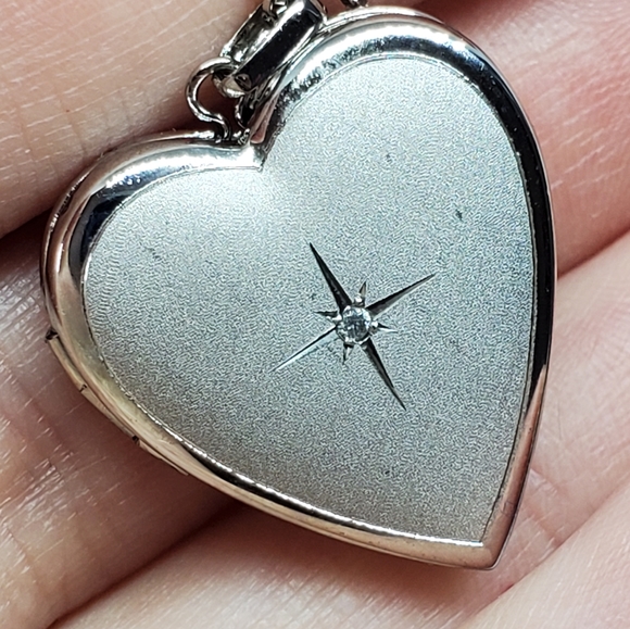 SOLD Sterling Silver Heart Locket Matte Diamond Accent Necklace - Picture 6 of 8